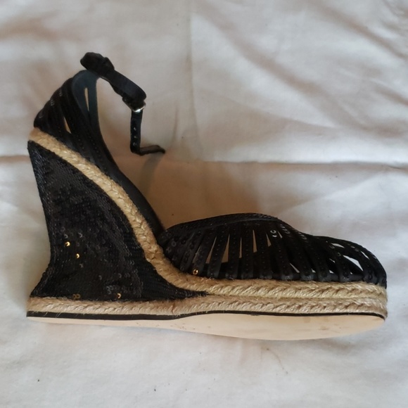 Joey O black sequin ankle strap 3.5" wedges - Picture 2 of 4